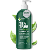KESMEDIK shampoo de árbol de té MaxTherapy, botella, limpieza profunda y sensación refrescante.