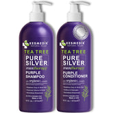 KESMEDIK Tea Tree Purple Shampoo bottle showing toning action for blonde and gray hair.