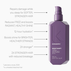KEVIN.MURPHY NIGHT.SHIFT frizz-control formula visible on hair surface for calm morning blowouts.
