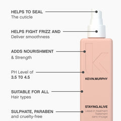 KEVIN.MURPHY STAYING.ALIVE frizz-taming mist promotes smooth, glossy hair with sealed cuticles.