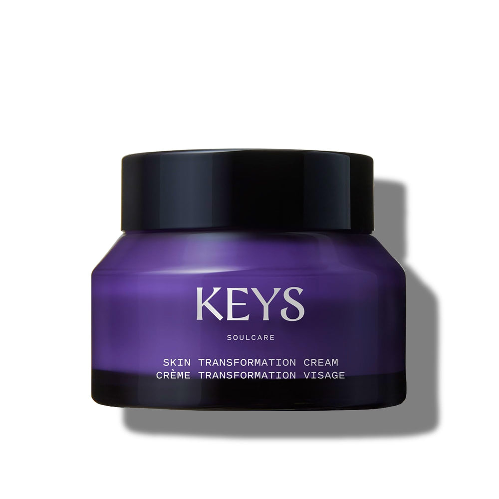 Keys Soulcare Skin Transformation Cream bottle shows a hydrating daily moisturizer for radiant skin