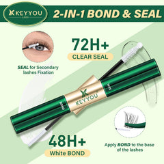 KEYYOU 2in1 lash glue bottle close-up showing bond and seal in one step.