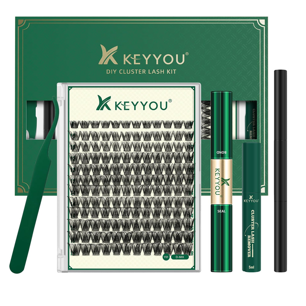 KEYYOU Lash Clusters Kit contents laid out for easy at-home lash extensions.