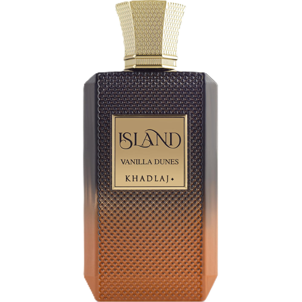 Khadlaj Island Vanilla Dunes bottle front view, highlighting premium packaging and inviting gourmand fragrance.