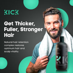Kick Mens Shampoo label closeup highlighting peppermint and tea tree