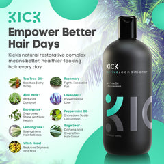 Kick Tea Tree Conditioner label highlights natural ingredients for daily use.