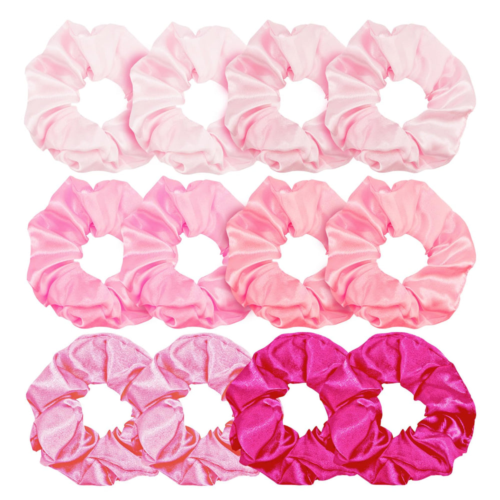 KICOSY pink silk scrunchies 12pc set with glossy satin finish for versatile styling.
