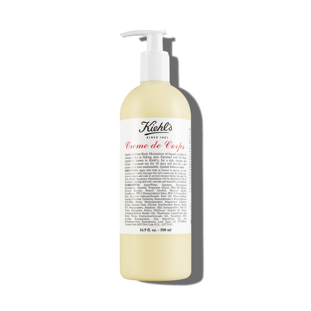 Kiehl's Creme de Corps Rich bottle closeup showing premium hydration potential