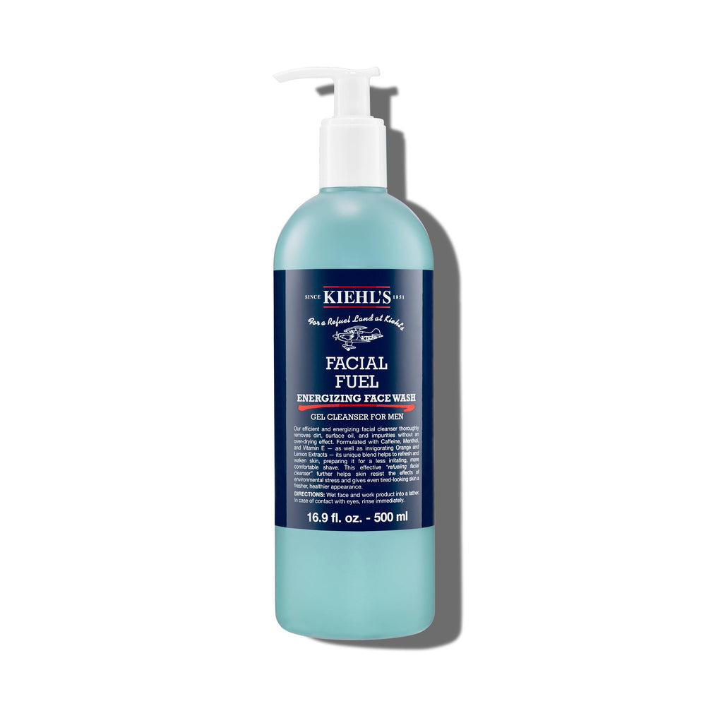 Kiehl's Facial Fuel bottle pour demonstrates a quick-refreshing cleanse for busy mornings.