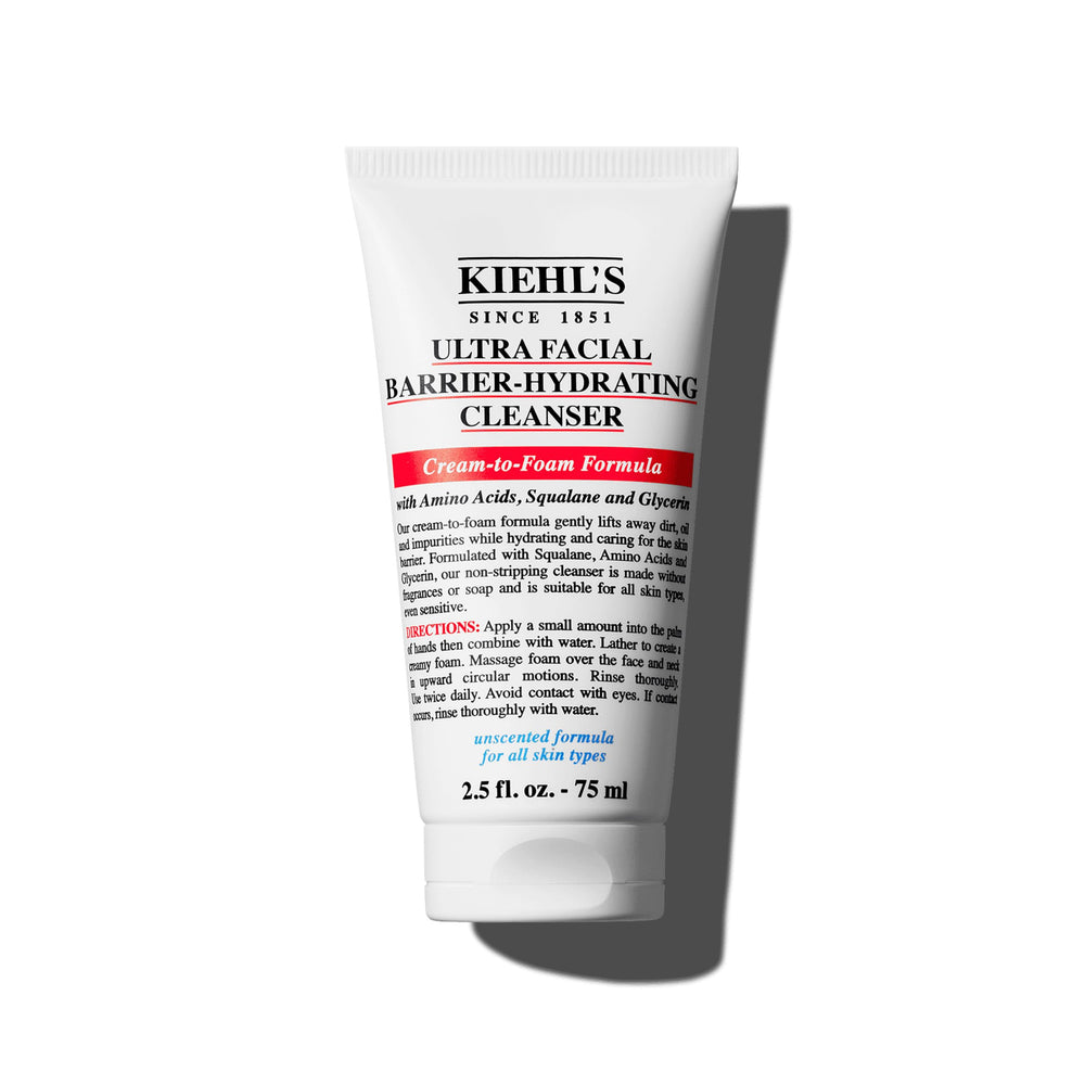 Kiehl's Ultra Facial Barrier-Hydrating Cleanser bottle with fragrance-free, gentle cleansing.