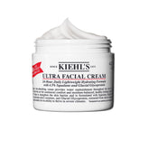 Kiehl's Ultra Facial Cream bottle close-up highlighting 4.5% Squalane for hydration.