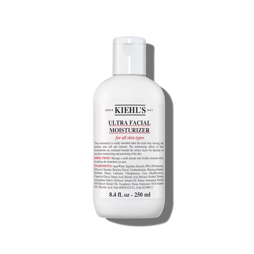 Kiehl's Ultra Facial Moisturizer bottle closeup for fragrance-free hydration.