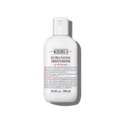 Kiehl's Ultra Facial Moisturizer bottle closeup for fragrance-free hydration.