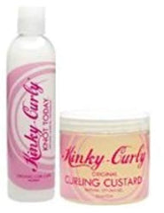 Kinky Curly dual bundle display showing detangler and gel for versatile styling.