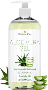 KinRose Care Gel de Aloe Vera puro en botella frontal para piel hidratada.