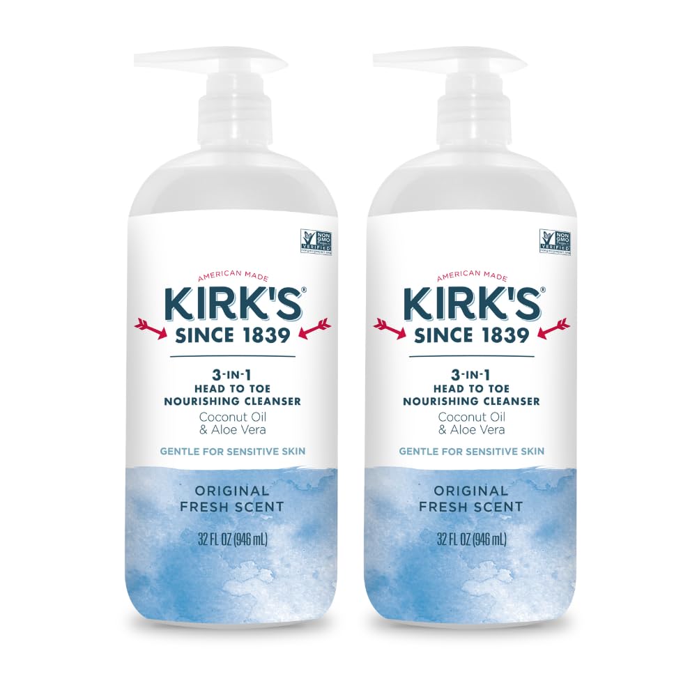Kirk's 3-in-1 cleanser pump bottle close-up for head-to-toe washing