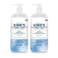 Kirk's 3-in-1 cleanser pump bottle close-up for head-to-toe washing