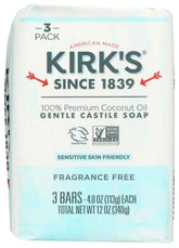 Kirk's Soap Bar 3pk Frag Free packshot, gentle on sensitive skin.