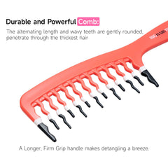 KISMETICS orange wide-tooth comb, side view, smooth glide through long thick curls.