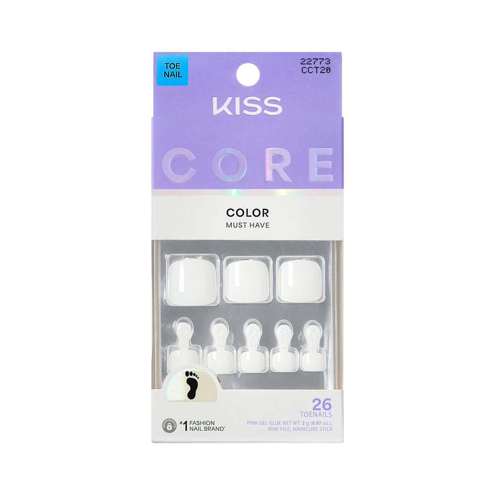 KISS CORE toe nails, white, short squoval shape, ideal for a quick pedicure.