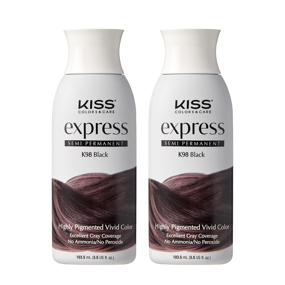 Kiss Express hair color bottle close-up shows rich pigment for bold looks.