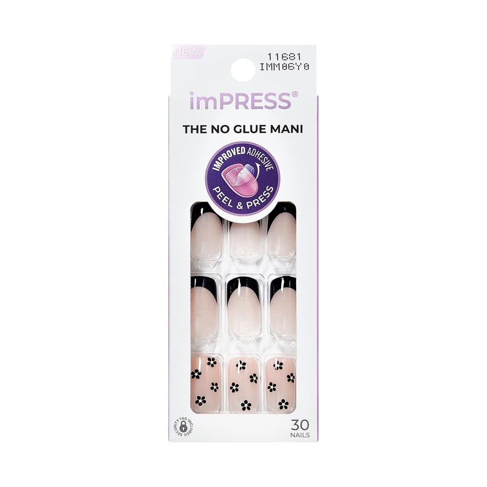 KISS imPRESS No Glue Mani con 30 piezas y tallas variadas para ajuste perfecto.