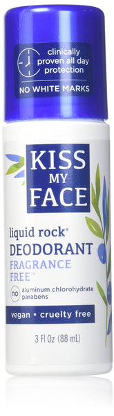 Kiss My Face desodorante líquido Rock natural sin fragancia en botella de 3 onzas para uso diario.