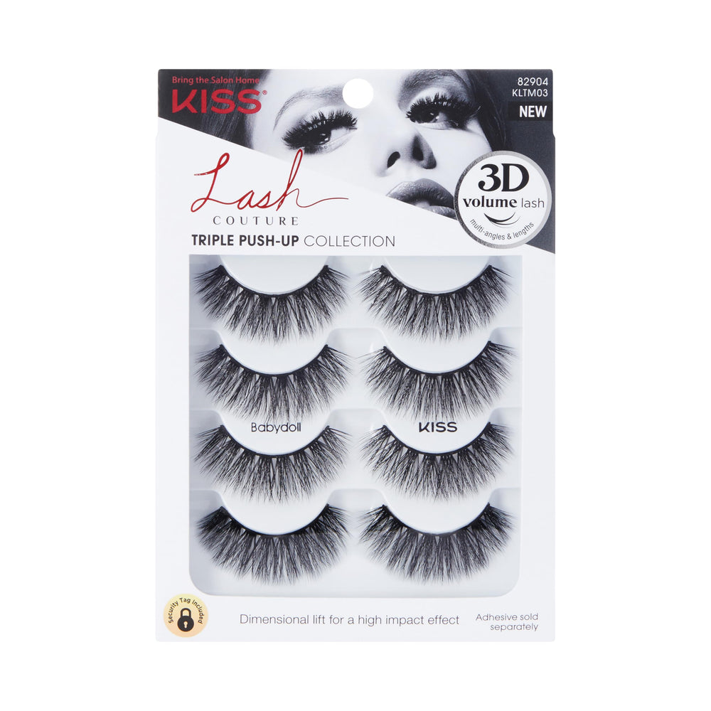 KISS Triple Push-Up Babydoll lashes closeup showing 12-14mm length for dramatic lift.