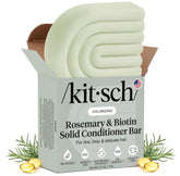 Kitsch barra condicionador romero-biotina empaque ecológico para cuidado sostenible.