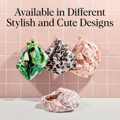 Kitsch Cherry Print waterproof cap showing stretch fit for long or short hair.