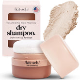 Kitsch Dry Shampoo Powder with Rice Protein bottle demonstrates oil absorption and lift for refreshed hair.