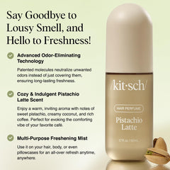 Kitsch Pistachio Latte spray-mist on hair demonstrates odor-eliminating technology