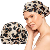 Kitsch leopard-pattern shower cap for stylishly dry hair after shower sessions