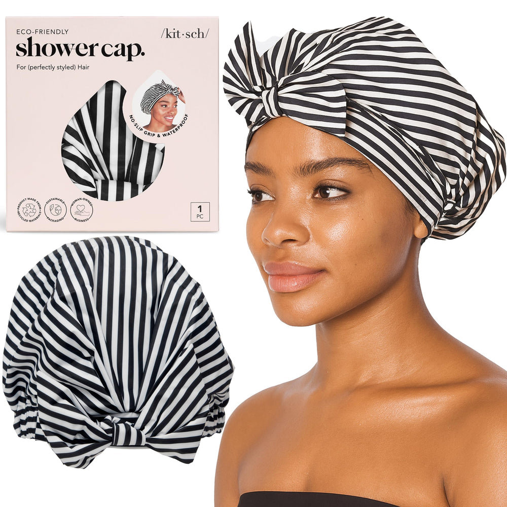 Kitsch luxury shower cap stripe packaging display highlights waterproof design