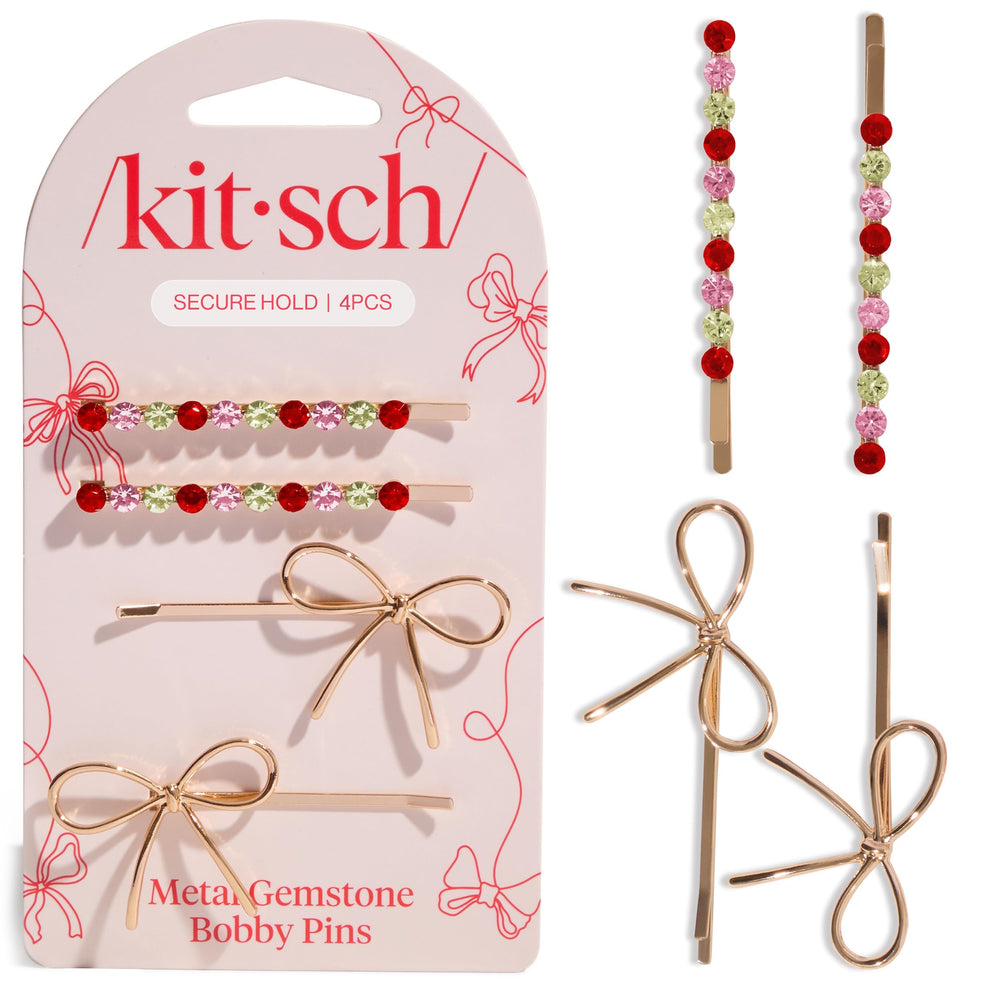 Kitsch metal bow gemstone bobby pin close-up for everyday sparkle