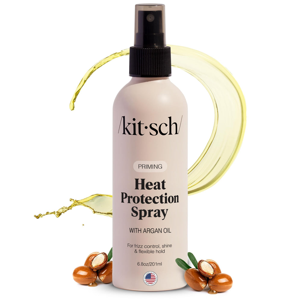 Kitsch proteccion calor para cabello, botella visible, protege hasta 450°F para peinados duraderos.