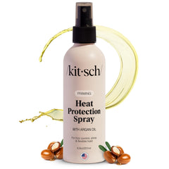 Kitsch proteccion calor para cabello, botella visible, protege hasta 450°F para peinados duraderos.