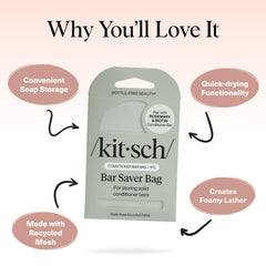 Kitsch quick-dry mesh promotes faster drying and prevents soggy soap.