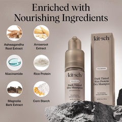 Kitsch dry shampoo on dark hair leaves no white cast and refreshes between washes