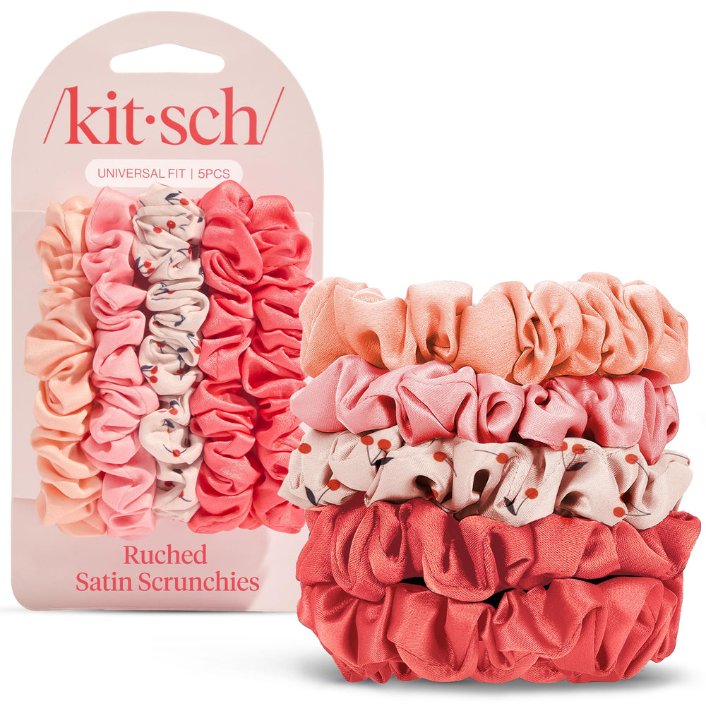 Kitsch Satin Scrunchies Cherry Blossom 5pc pack, soft and gentle for all hair types.