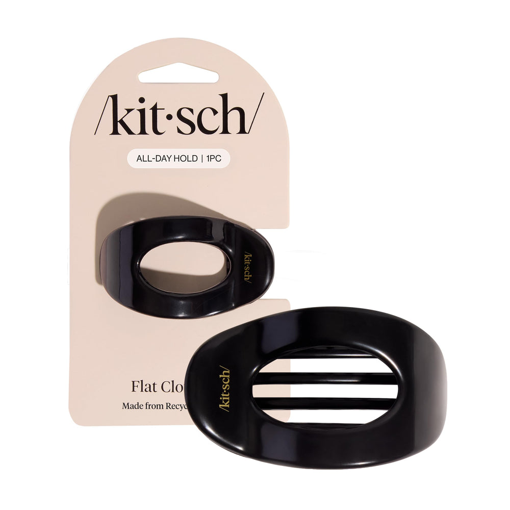 Kitsch small flat claw clip in black hair provides a secure, non-slip hold all day.