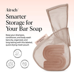 Kitsch soap bag shows labeled compartments for body wash, shampoo, and conditioner
