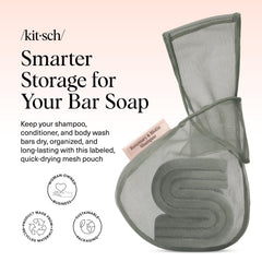 Kitsch soap bag with labeled compartments prevents mixing body wash, shampoo, and conditioner bars.