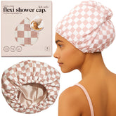 Kitsch sombrero de ducha con forro satén terracota a cuadros para reducir frizz