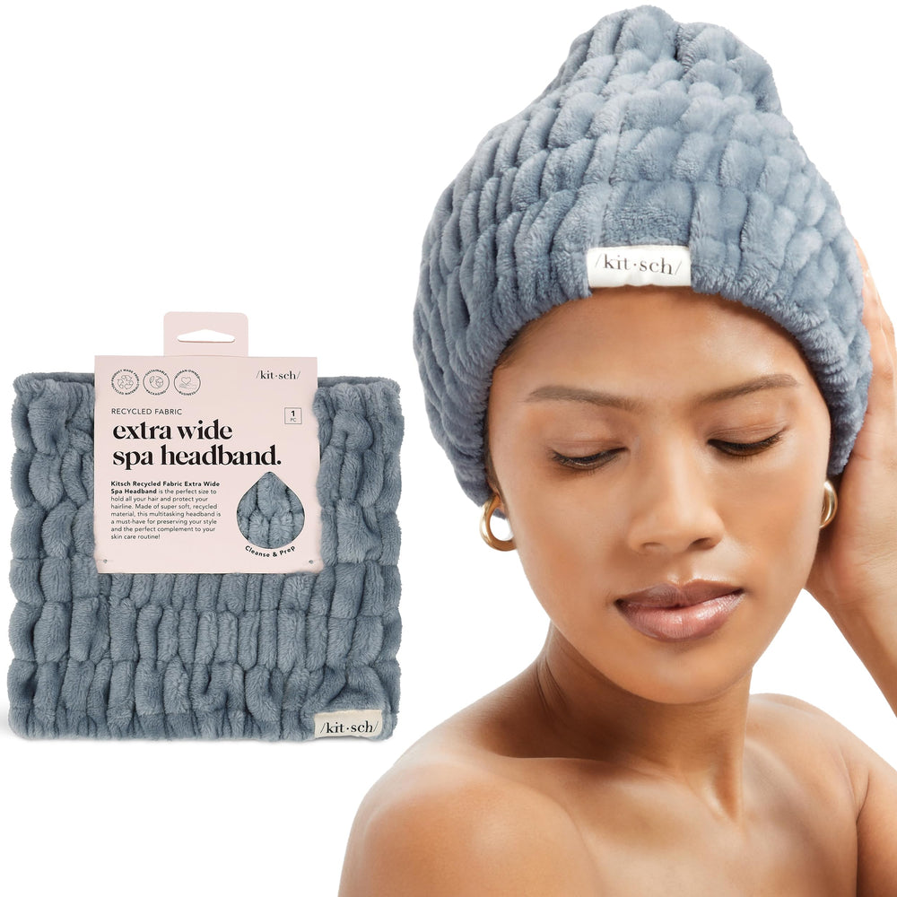 Kitsch Spa Headband extra-wide Misty Blue keeps hair secure during facial routines.