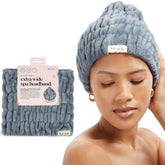 Kitsch Spa Headband extra-wide Misty Blue keeps hair secure during facial routines.