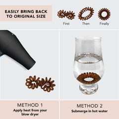 Kitsch brunette spiral hair tie on wet hair showcases hygienic, quick-dry convenience.