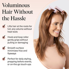 Kitsch satin roller surface gliding through hair for smooth volume.