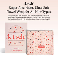Kitsch XL cherry print microfiber towel wrap worn on head to speed dry and reduce frizz.
