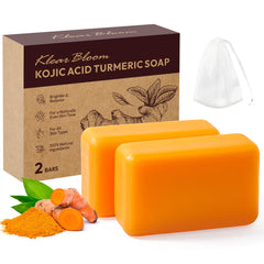 KlearBloom Kojic Turmeric Soap close-up showing dark spots reduction and even tone.